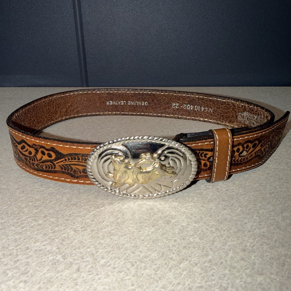 Nocona Boys Oval Buckle Bull Rider Tooled Floral Leather Belt 22" Silver Gold